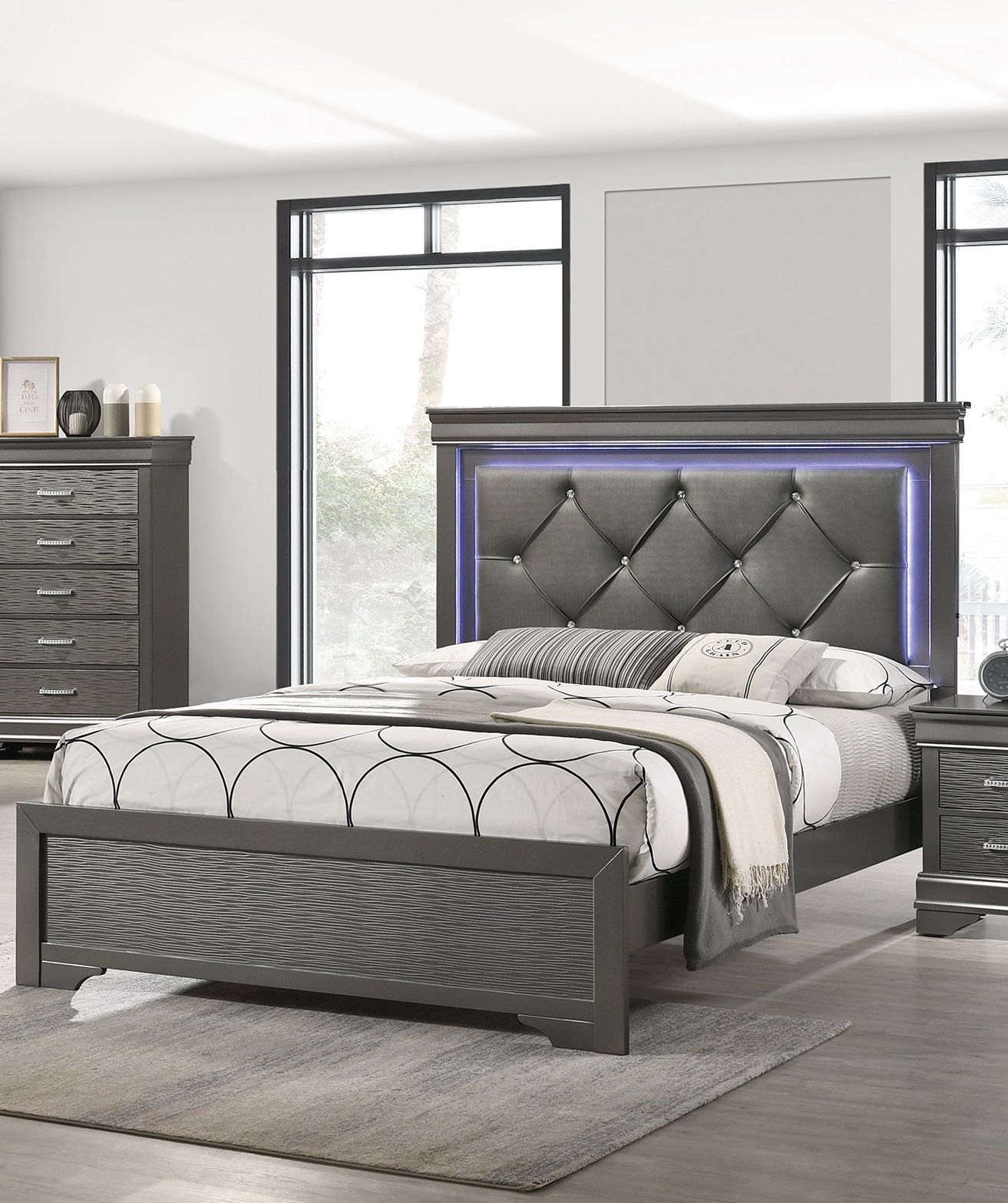 Dark Gray Faux Leather Tufted Headboard 1pc Queen Size Bed W LED Bedroom Furnitu