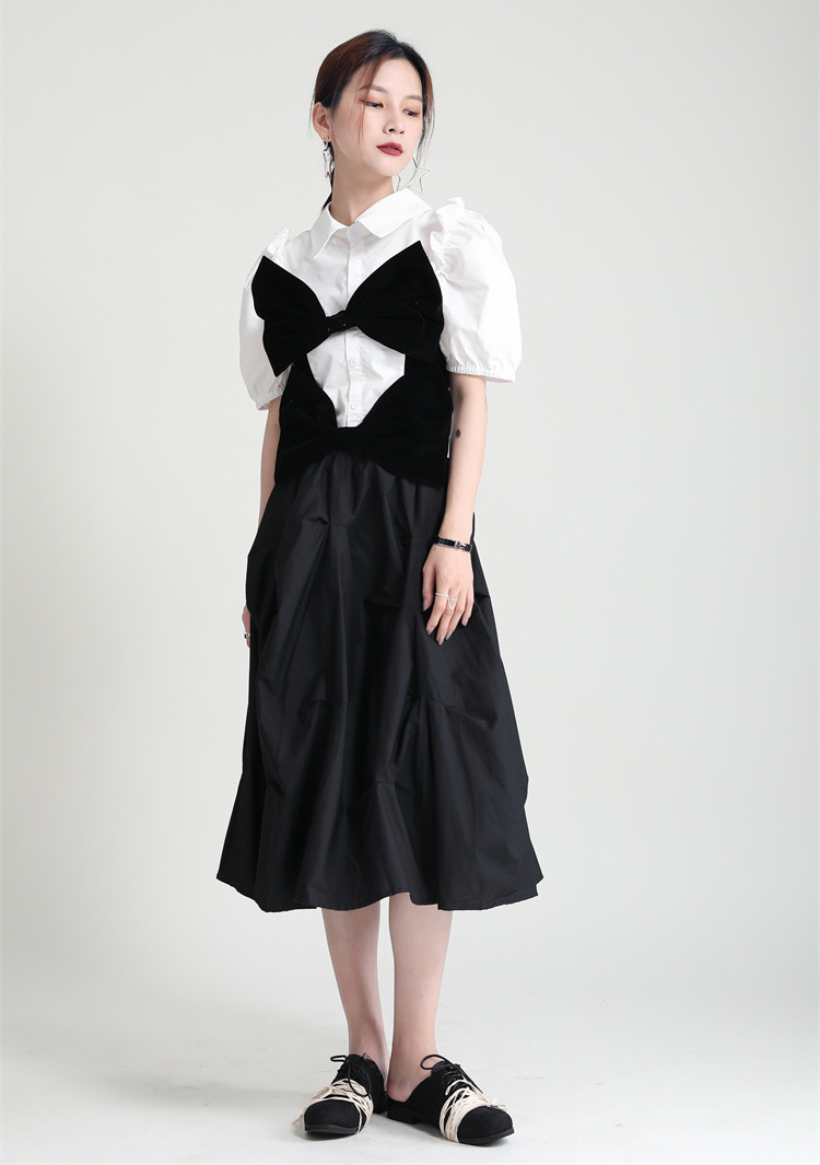 Women's Stitching Velvet Bow Shirt With Wooden Ears