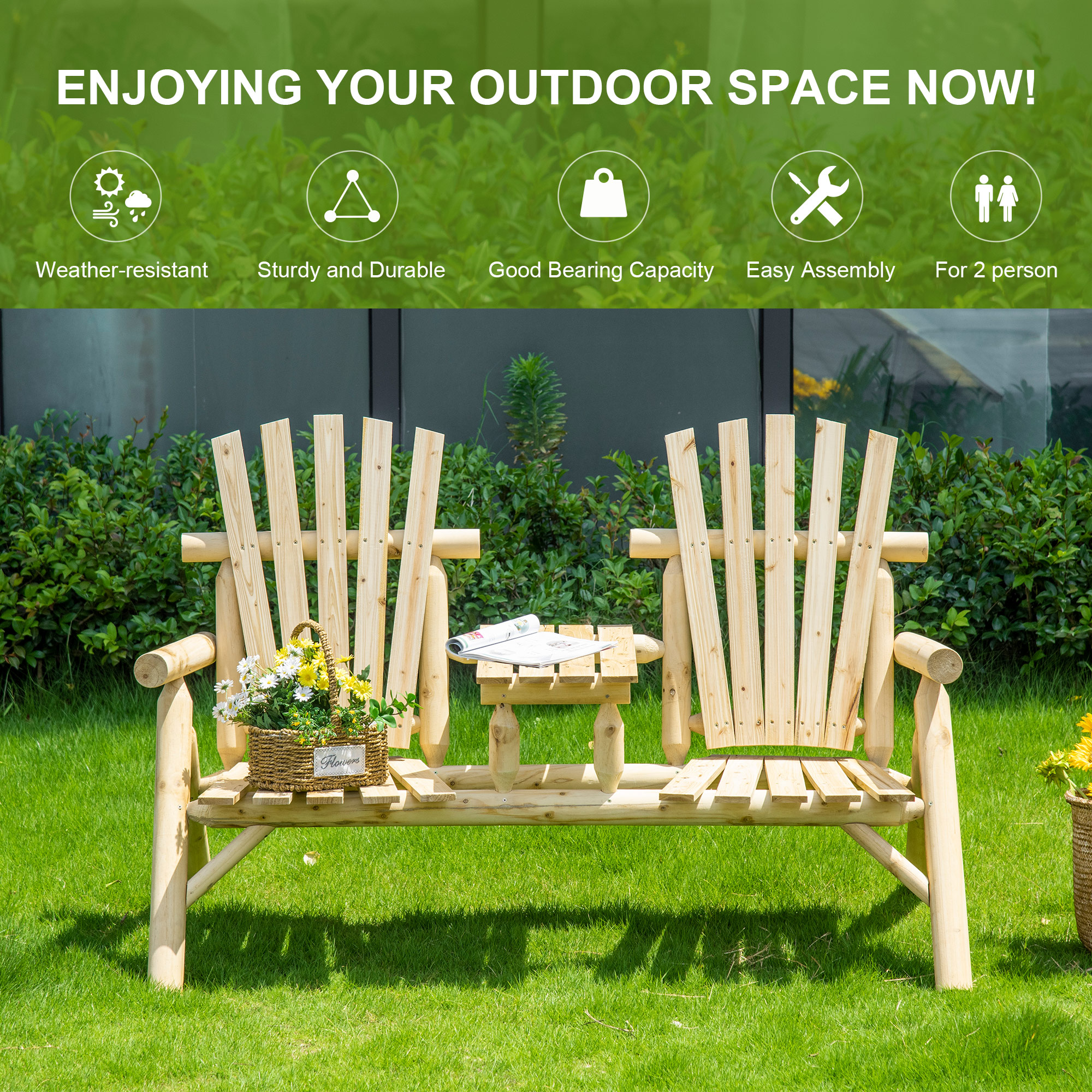 Wooden Adirondack Chair With Center Table, 2-Seat Garden Chair For Lounging And Relaxing Outdoors Natural_maomaolike.com