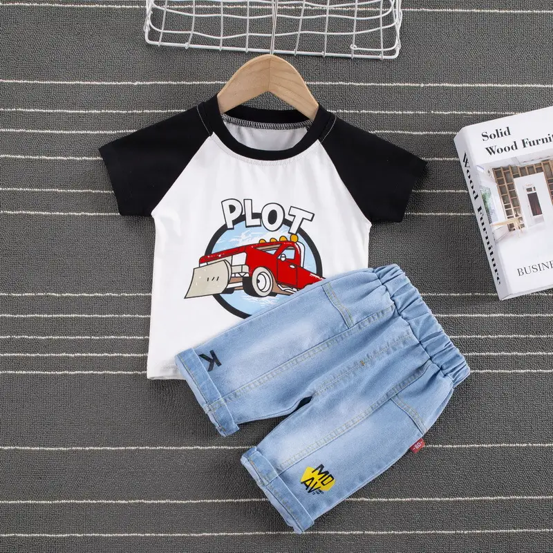 Casual Fashion Western Cartoon Slanted Shoulder Short Sleeve Two-piece Suit