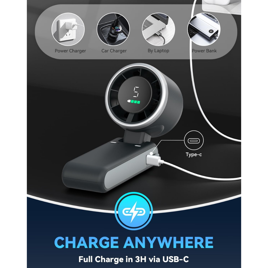 Portable Handheld Turbo Fan, USB-C Rechargeable, 5-Speed Cooling Fan, 12H Runtime, 3-in-1, Black — foto 8