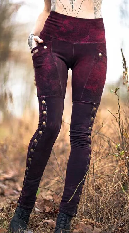 Womens Printed Buttoned Soldier Leggings Panelled Pants Wine Red - Shop at LoveMi
