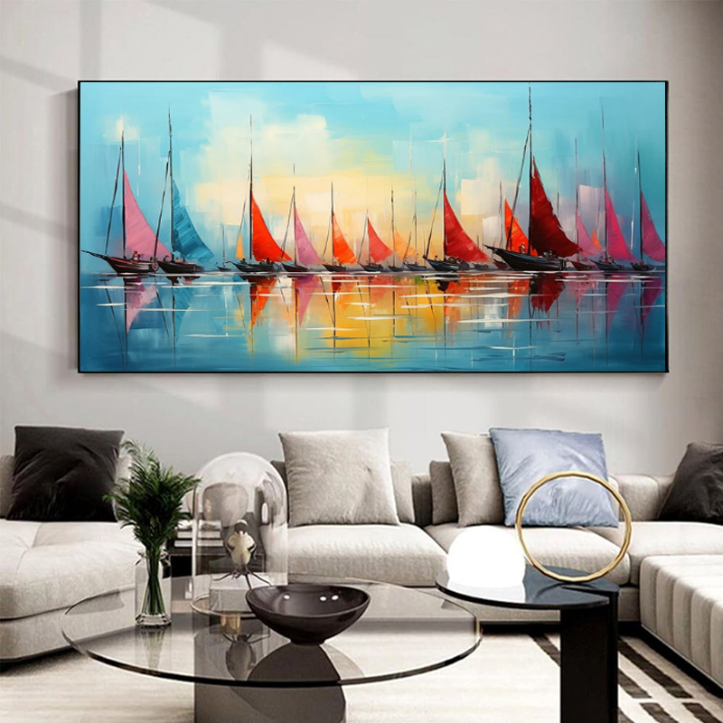 Handmade Oil Painting Canvas Wall Art Decoration Contemporary Abstract Sailing Sea View Smooth Sailing Landscape Home Living Room Decor Rolled Frameless Unstretched Painting
