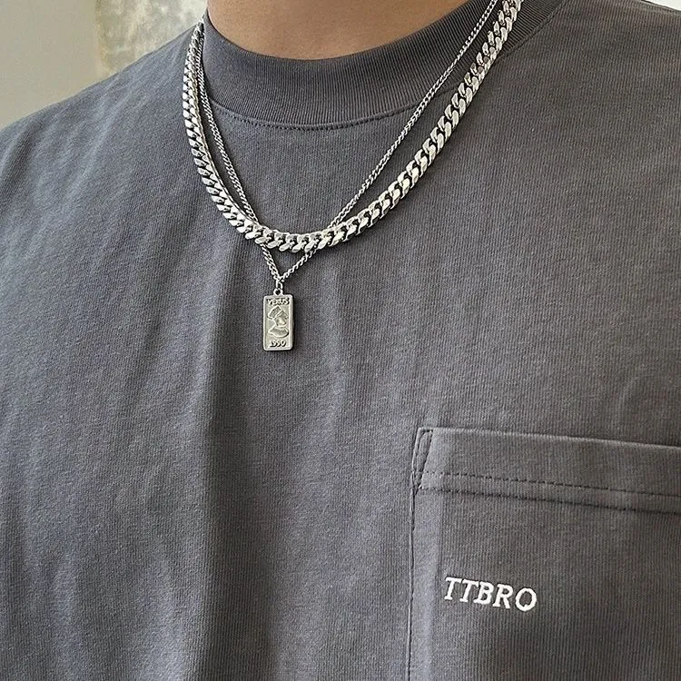 1pcs Double Layer Cuban Chain Vintage Portrait Square Tag Necklace, Minimalist Ins Hip Hop Style, For Men Women Daily Street Wear & Couple Holiday Gifts
