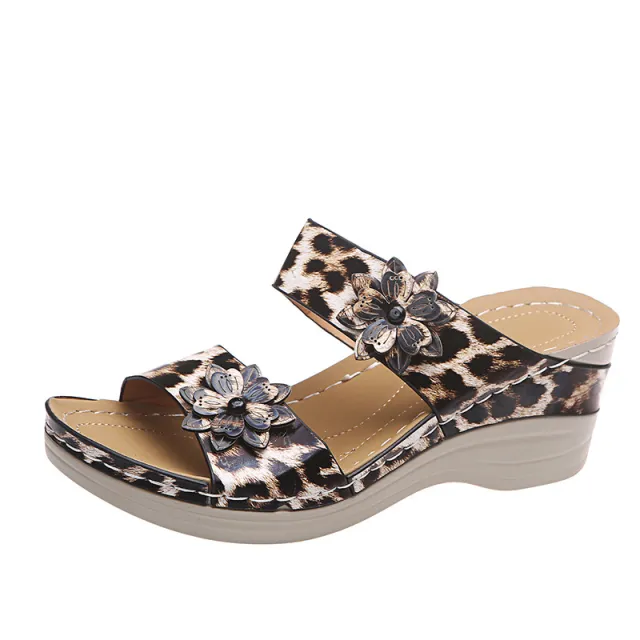 Casual Round Head Leopard Print Snake Print Flower High Heeled Wedge Slippers Leopard - Shop at LoveMi
