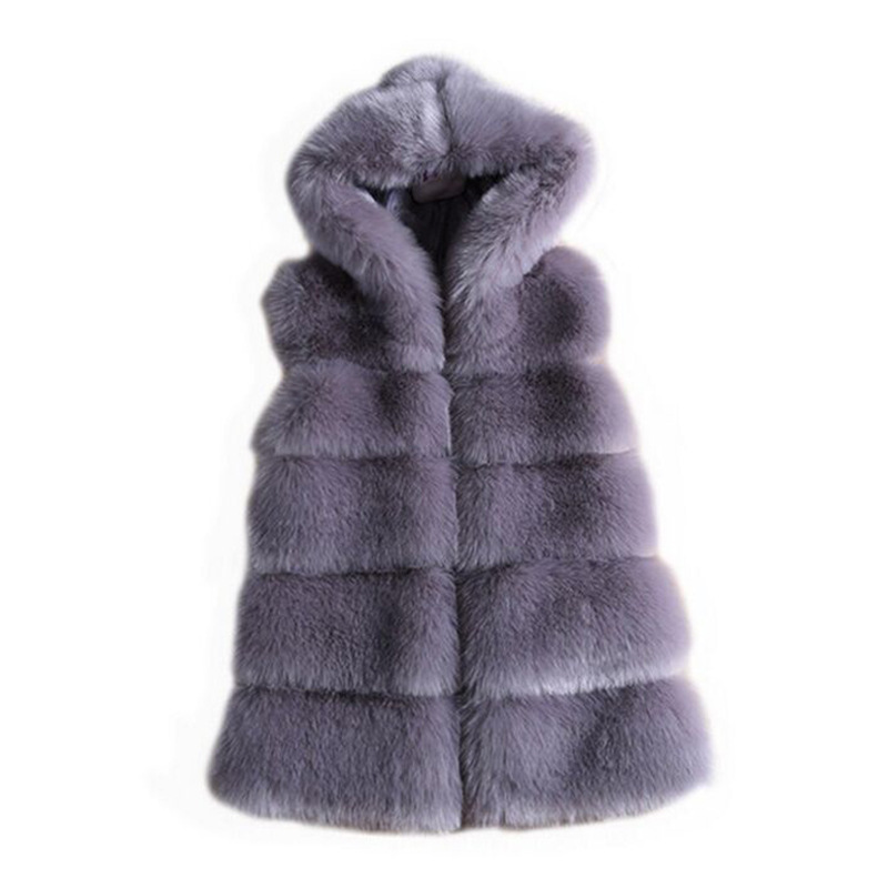 Hooded Horizontal Striped Faux Fur Vest Grey - Shop at LoveMi