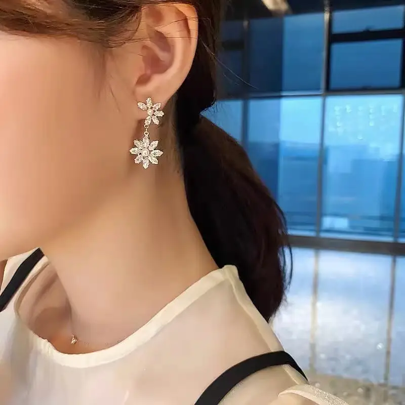S925 Silver Needle Pearl Sunflower Pendant Earrings