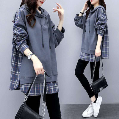 Title 4, Plaid Stitching Fake Two-Piece Hooded Sweater W...