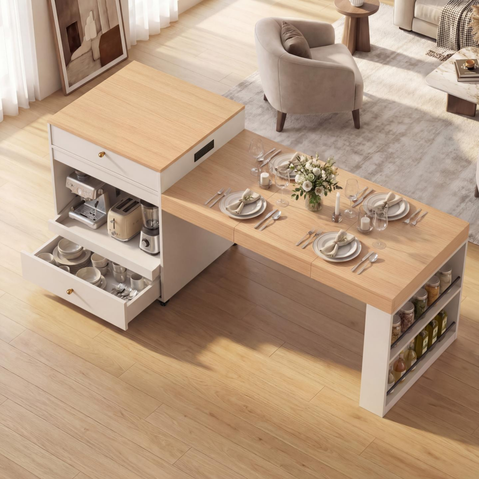 78.8inch Rolling Kitchen Island With 3-Stage Extendable Dining Table Seats 6-8, Built-in Power Outlet, Ample Storage Drawers & Cabinets, Mobile On Wheels - High-Density MDF, Easy Assembly