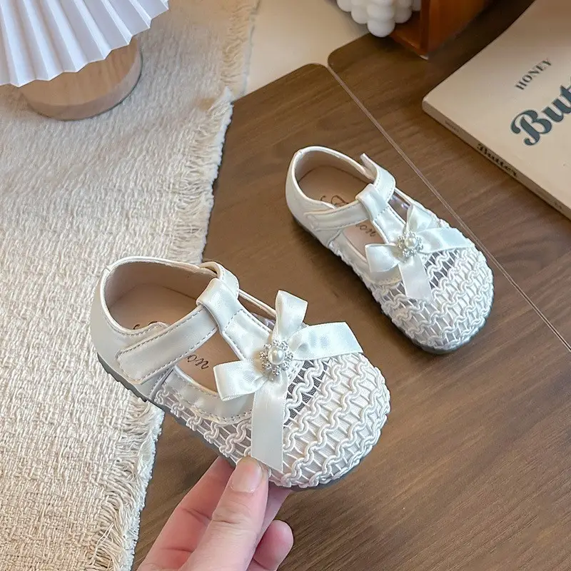 Girls' Breathable Woven Mesh Shoes, Little Girls' Pearl Bow Shoes, Leather Shoes, Hollow Sandals