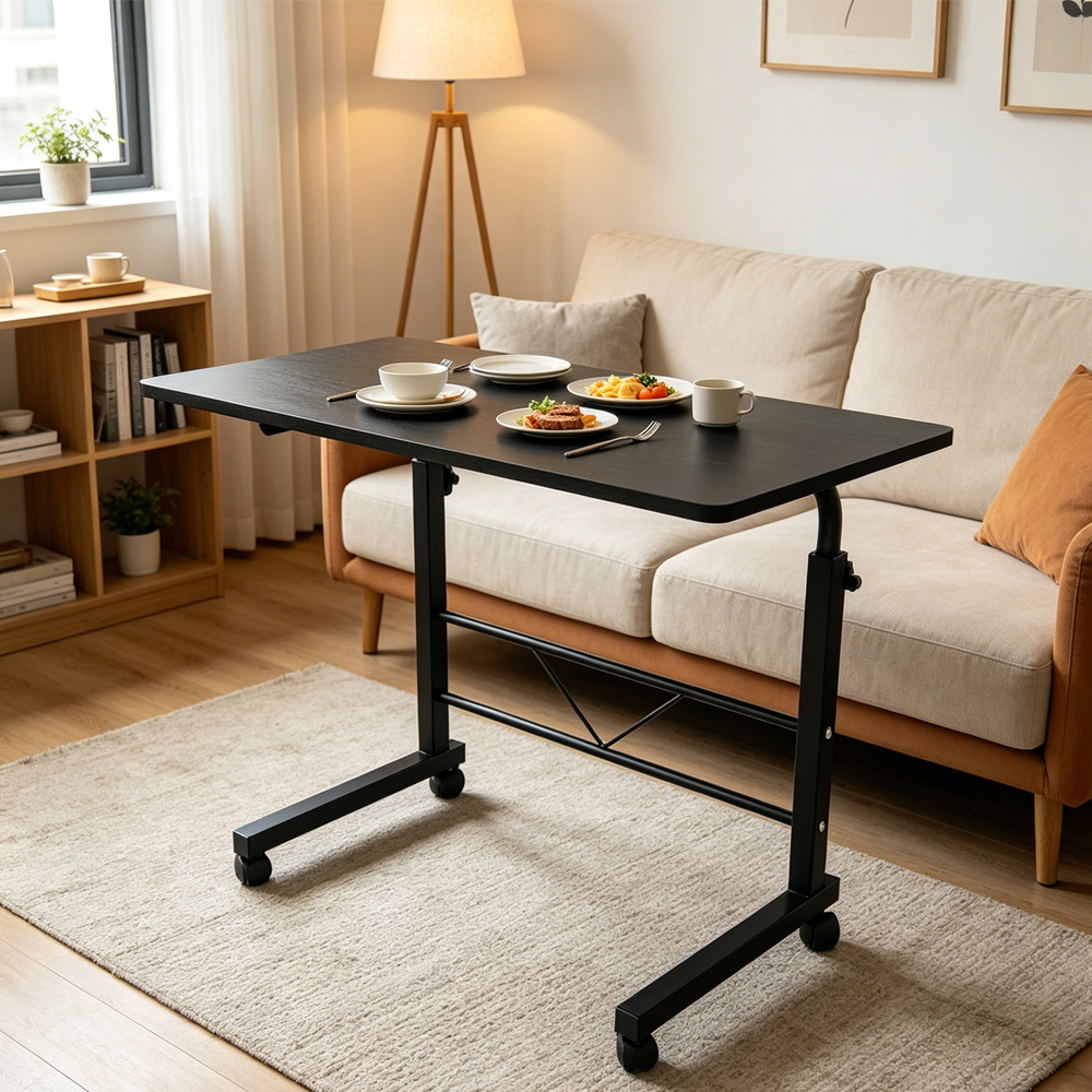 60cm Adjustable Tray Table Rolling Sofa Side Snack Table With Wheels Portable C-Shape Dinner Tray Tables Mobile Wooden Laptop Desk Beside Couch Bed
