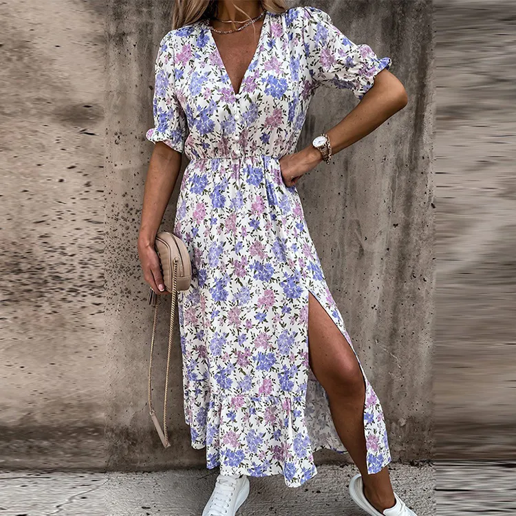 Printed Deep V-neck Irregular Split Lotus Leaf Skirt