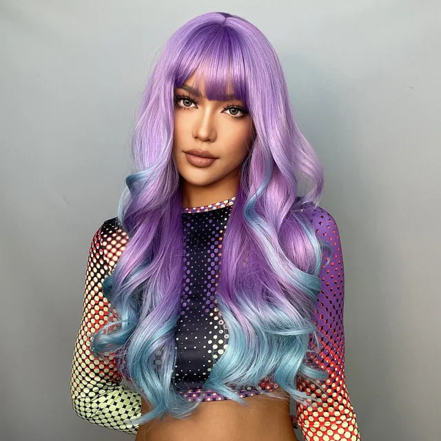 Cosplay Colored Wig With Long Curly Bangs And Purple Gradient Blue Hair Lc6136 - Shop at LoveMi