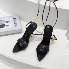 Women's Summer Metal Chain Strap Pointy High Heels - Black - View 1