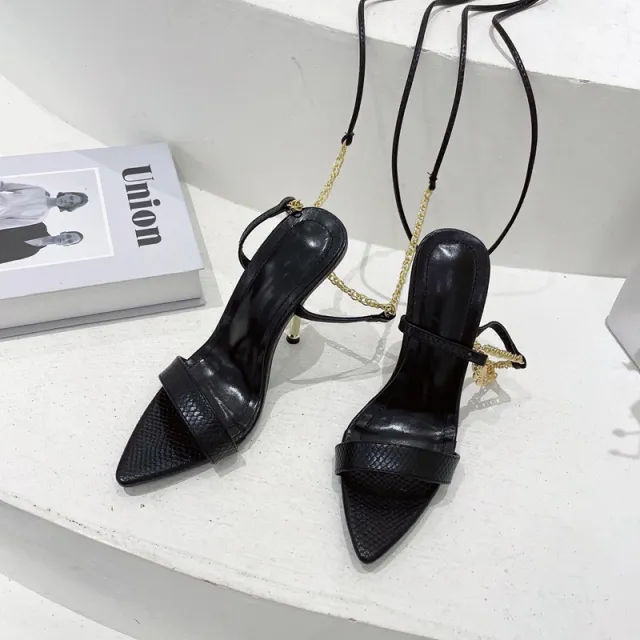 Women's Summer Metal Chain Strap Pointy High Heels Black - Shop at LoveMi