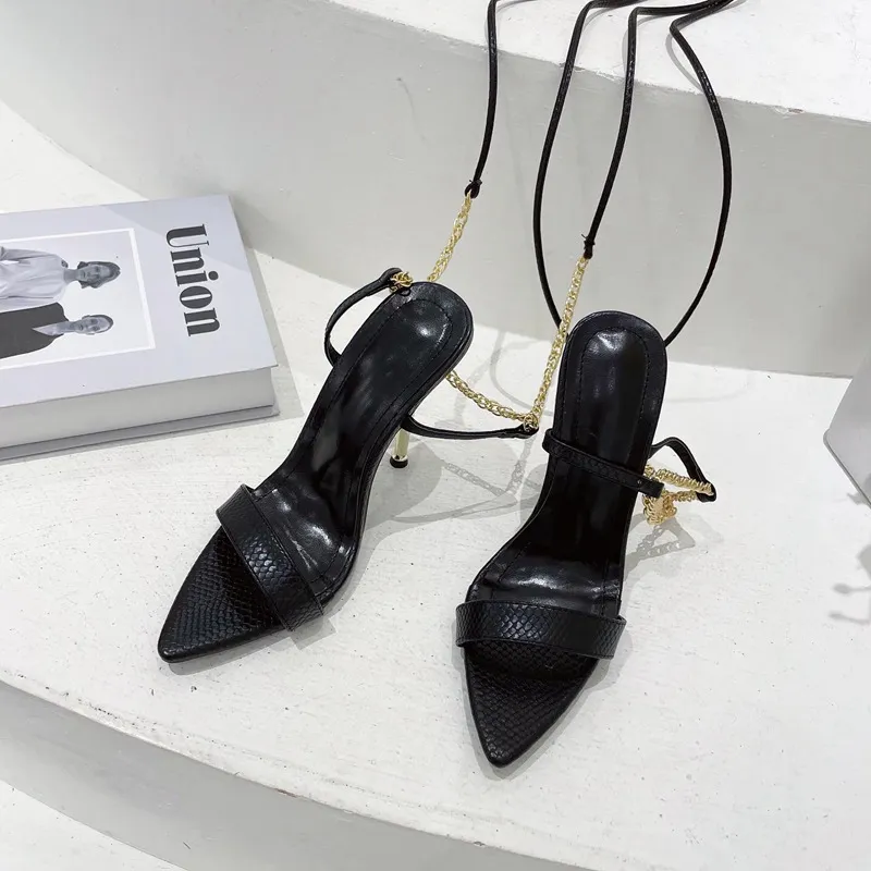 Women's Summer Metal Chain Strap Pointy High Heels - Black