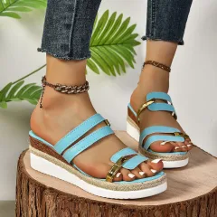 Colourblock-strap Wedges Sandals Summer Fashion Hemp Heel Slides Slippers Outdoor Thick Bottom Fish Mouth Shoes For Women - Blue - View 1