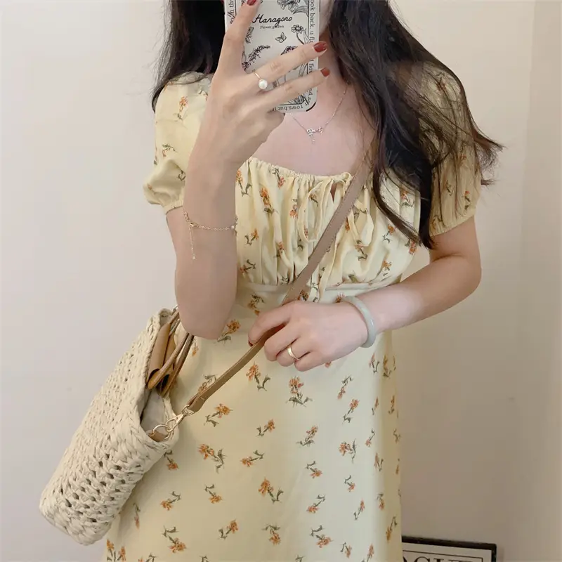 Cheese Yellow Floral Pullover Tie Square Neck Dress