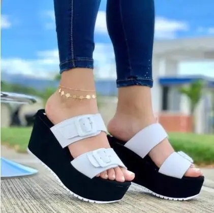 Heighten Adult Daily Wedge Heel Three color Buckle Shoes White - Shop at LoveMi