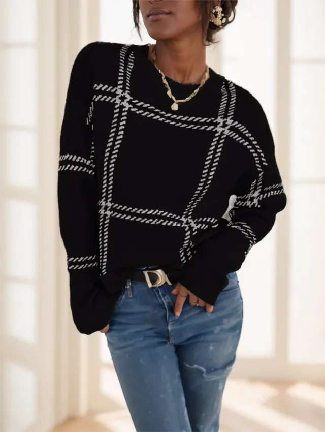 Plaid Pattern Drop Shoulder Sweater Long Sleeve Tops Black - Shop at LoveMi