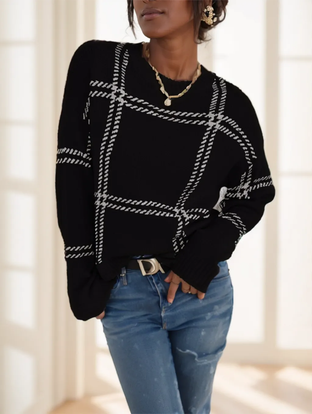 Plaid Pattern Drop Shoulder Sweater Long Sleeve Tops - Black