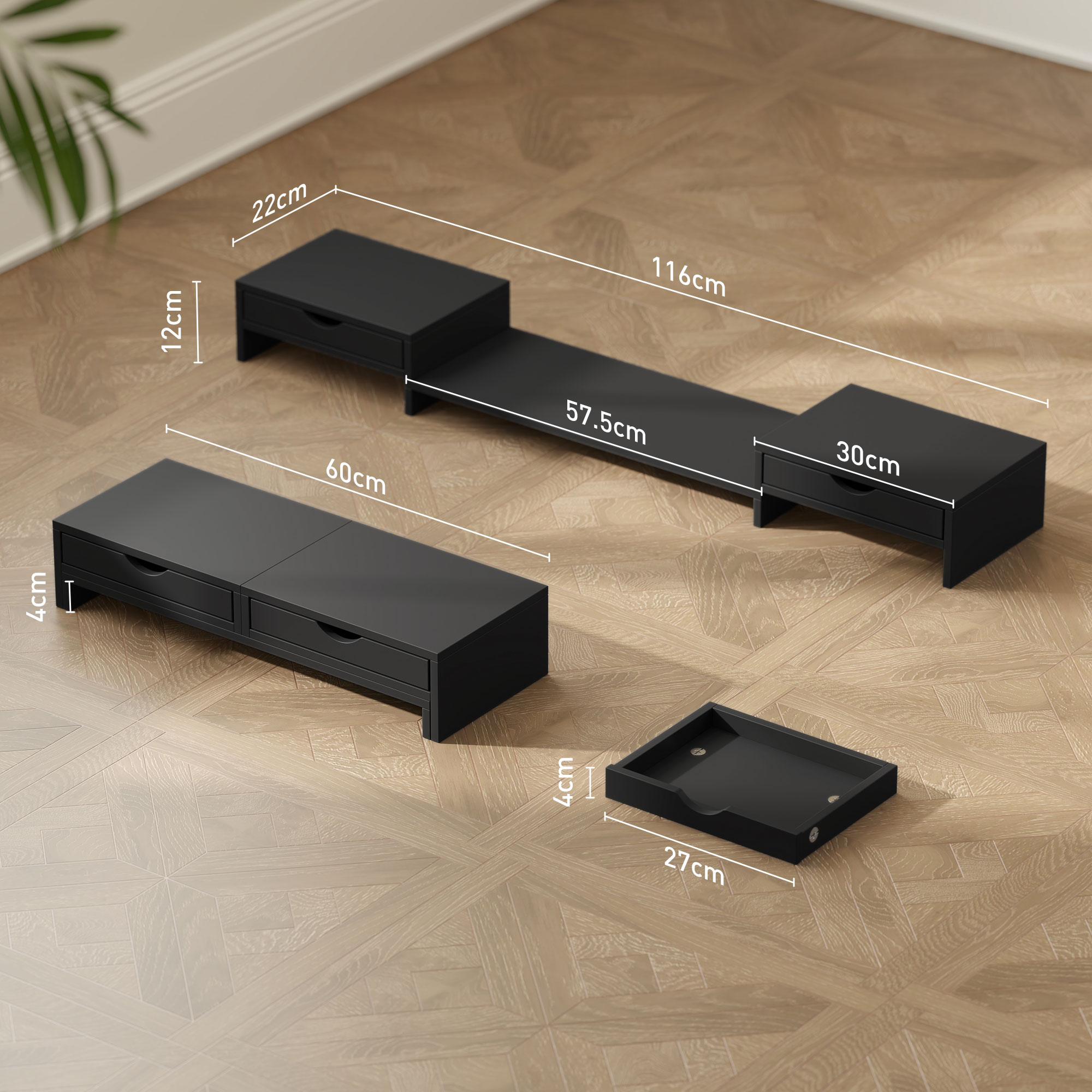 Dual Monitor Stand With 2 Drawers, Adjustable Length And Angle, 116cm Suitable — image 11