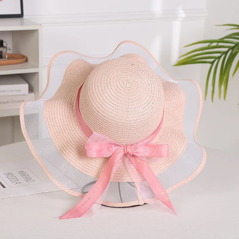 Ladies Mesh Straw Hat Elegant With Big Brim - Pink