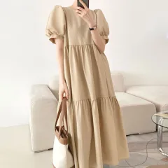 Pleated Layered Long Knee-length Dress For Women - Khaki - View 1