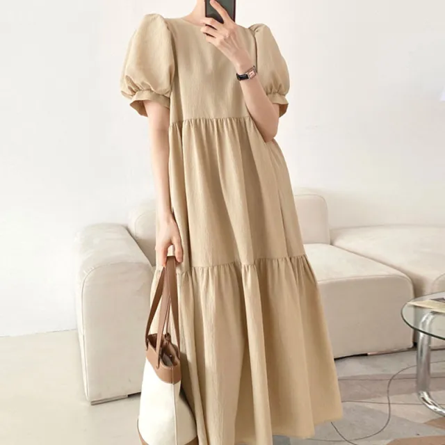 Pleated Layered Long Knee length Dress For Women Khaki - Shop at LoveMi