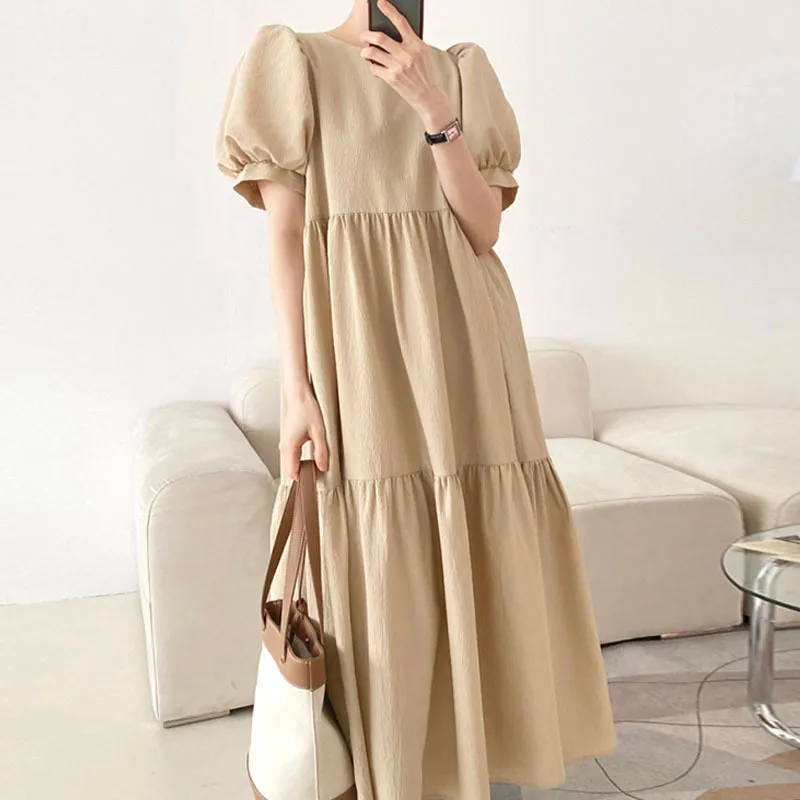 Pleated Layered Long Knee-length Dress For Women - Red