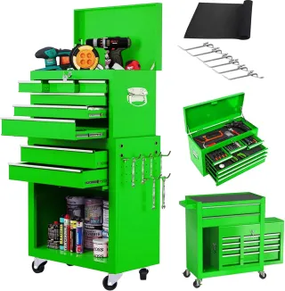 8-Drawer Rolling Tool Chest - 2-in-1 Lockable Tool Box With Wheels, Sliding Drawers & Detachable Top - Garage & Workshop Storage Cabinet, Green