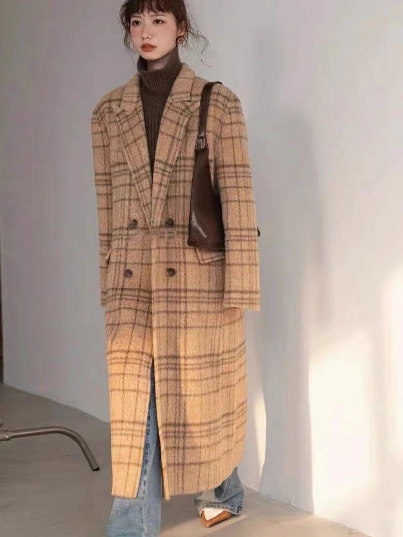 Checked Double-sided Wool Coat For Women Long Knee-length Autumn And Winter