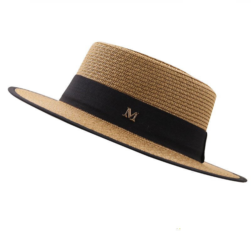 Straw Female Sun Simple Flat Top Letter Elegant White Top Hat Female