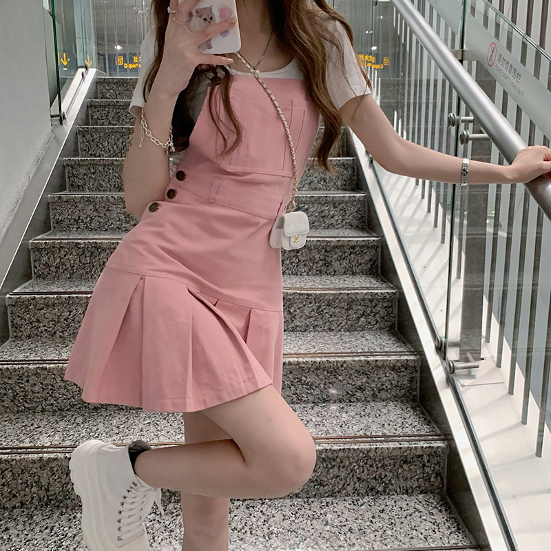 Women's Girls Pink Age-Reducing All-match Strap Dress Pleated A-Line Short Skirt