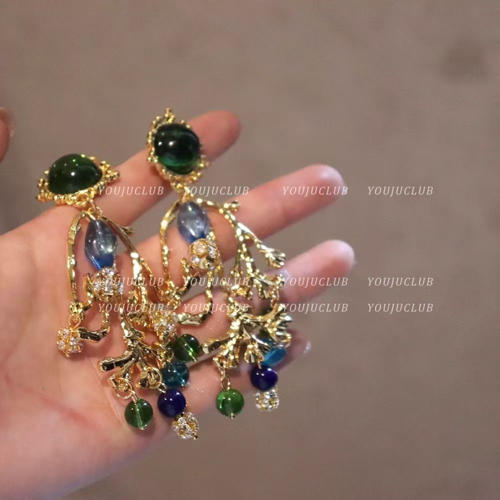 Vintage Blue Gem Crystal Earrings, Exotic Ethnic Clip On Earrings