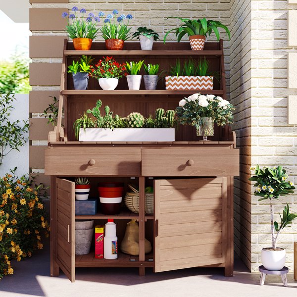 65 Inch Garden Potted Plant Workbench Table, Cedar Workbench With Storage Rack, Drawers, And Cabinets, Brown