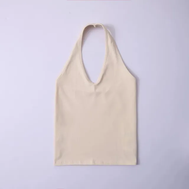 Solid Color Cropped Slim Back Showing Chest Halter Camisole Beige - Shop at LoveMi