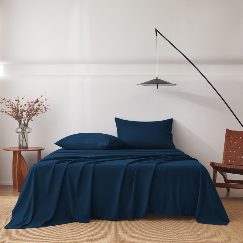 2000TC 4PCS Bed Sheet Set Single Flat Fitted Pillowcases-Navy-King