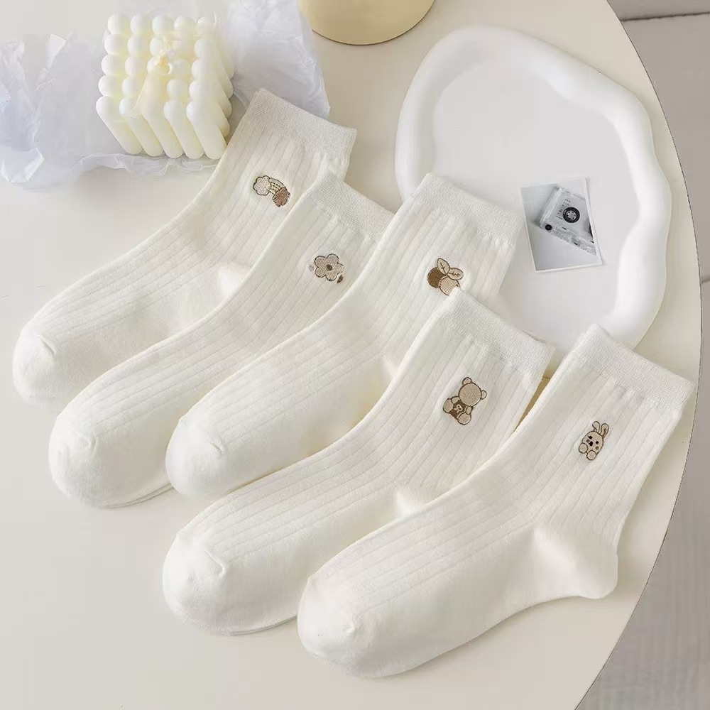 Women's Cute Animal & Floral Embroidered Crew Socks, White Ribbed Knit Socks With Tiny Cartoon Motifs, Soft Cotton Mid-Calf Socks For Daily Wear