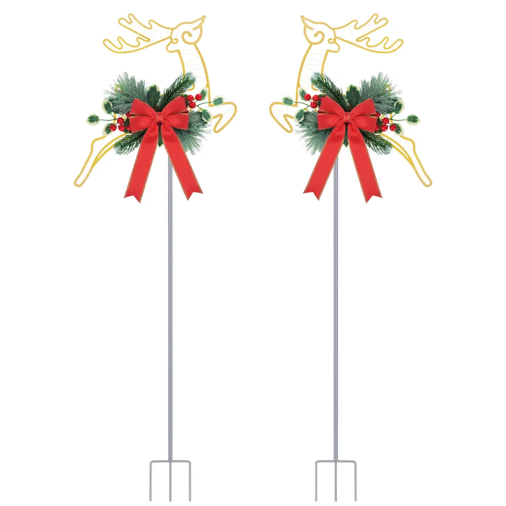 Christmas Lighted Reindeer Decoration LED Pathway Stake Lights Battery Powered For Outdoor Garden Lawn Porch Front Door Patio Holiday Decor - 2Pcs