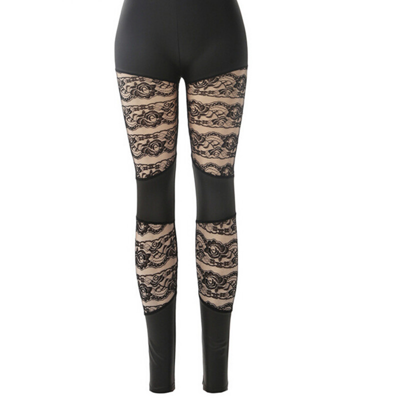 Women's Autumn Faux Leather Stitching Lace Leggings Black - Shop at LoveMi