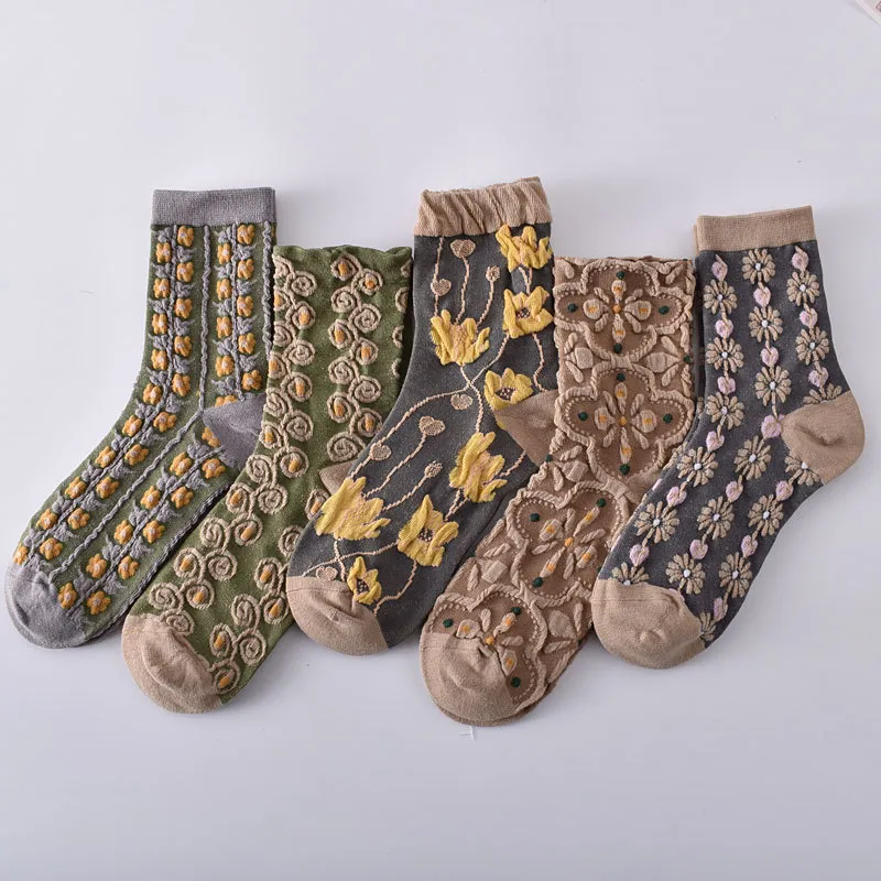 Cotton Socks Retro Court Three-dimensional Embossed Women's - Average Size