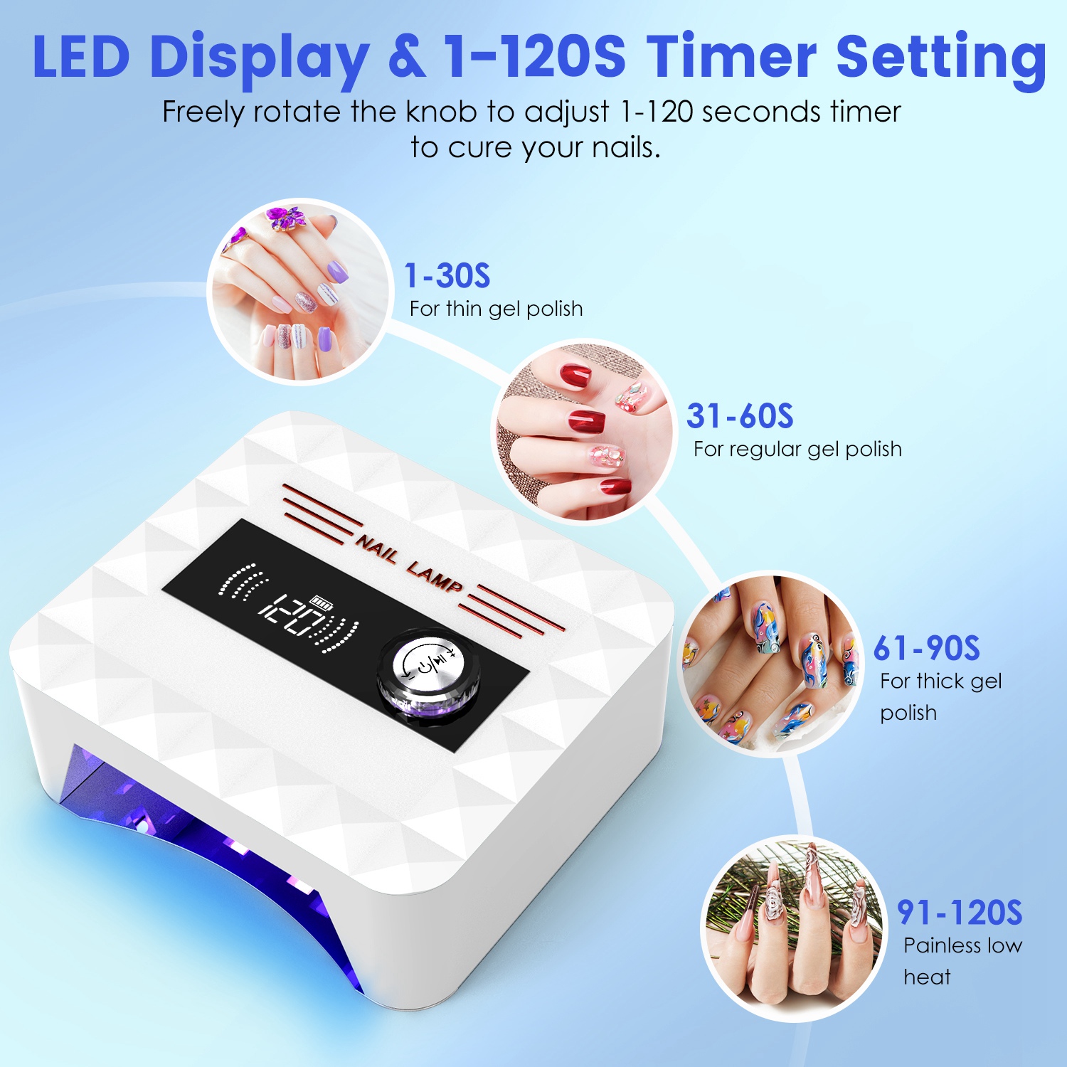 1Pc 120W Cordless UV Nail Lamp Rechargeable Gel Curing Lamp Gel Polish Light Nail Dryer With LED Display 1S To 120S Timer Settings 30 LED Beads For Salon And Home 7