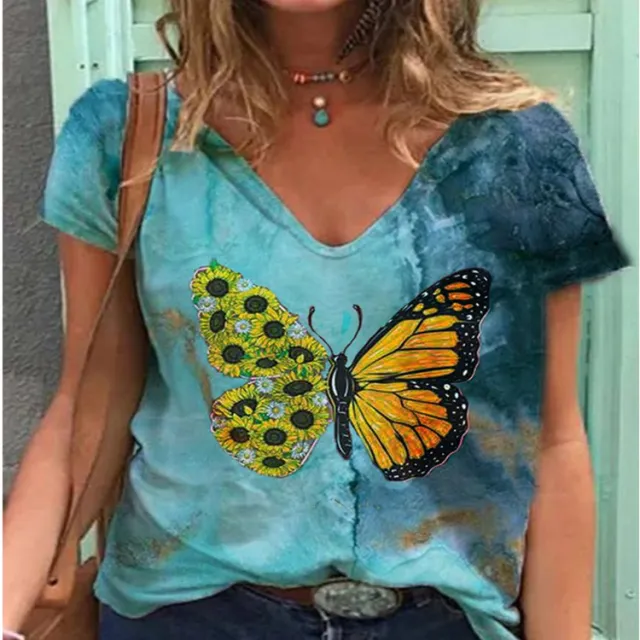 New Women's Digital Printing Explosive Short sleeved V neck T shirt Blue - Shop at LoveMi
