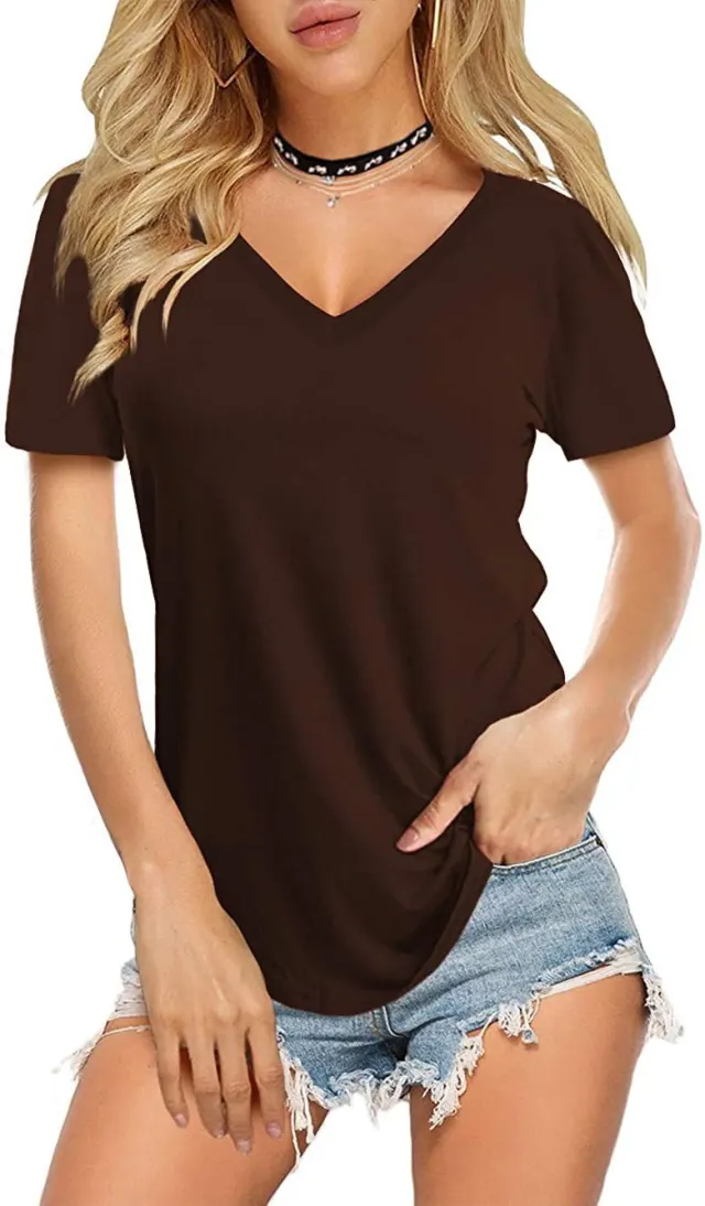 Pure Color Plus Size Casual High elastic Short sleeved T shirt Brown - Shop at LoveMi
