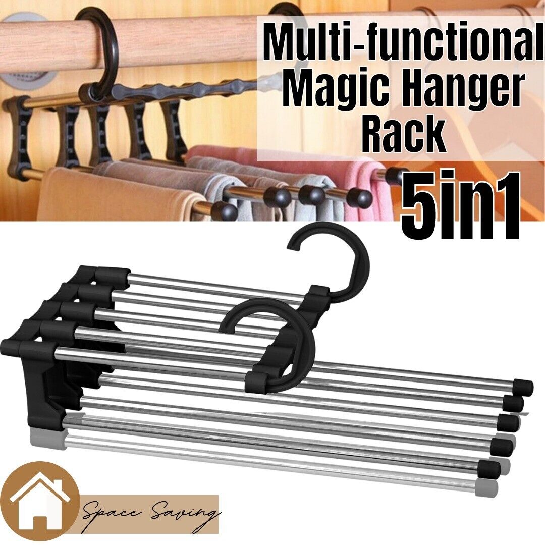 Magic Metal Hanger Closet Space Saver Organizer shipping inside the US USPS First Class Package handling 2 Day Handling 2-5 Day Shipping 5 in1 Multi-functional Pants Rack Shelves Stainless Steel Wardrobe Magic Hanger by KT Deals RANDOM COLOR WHITE/BLACK S