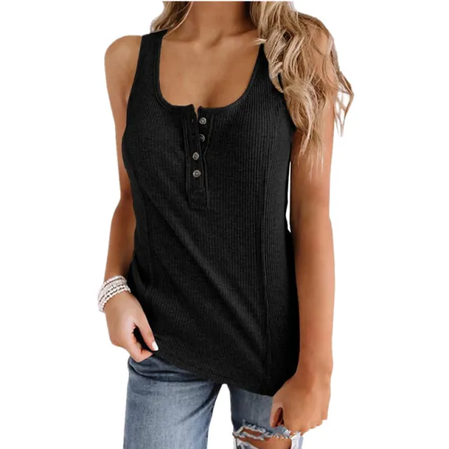 Solid Color Button Sleeveless Tank Top T Shirt Women Black - Shop at LoveMi