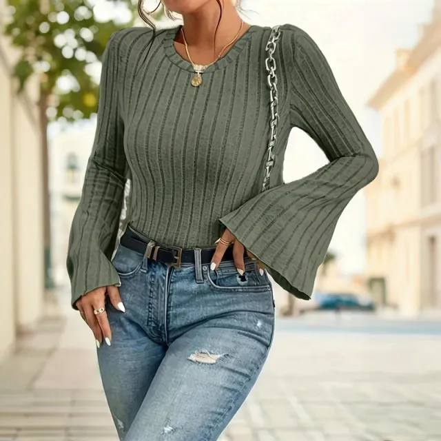 Women's Long Bell Sleeve T Shirt, Fall Fashion Knit Pullover Top With Crew Neck, Lightweight Going Out Casual Blouse Green - Shop at LoveMi