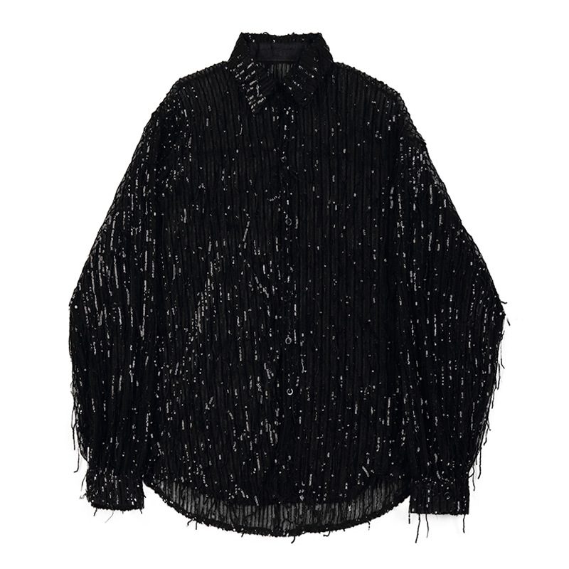 Men's Sexy Furry Fringed Sequined Mesh Shirt