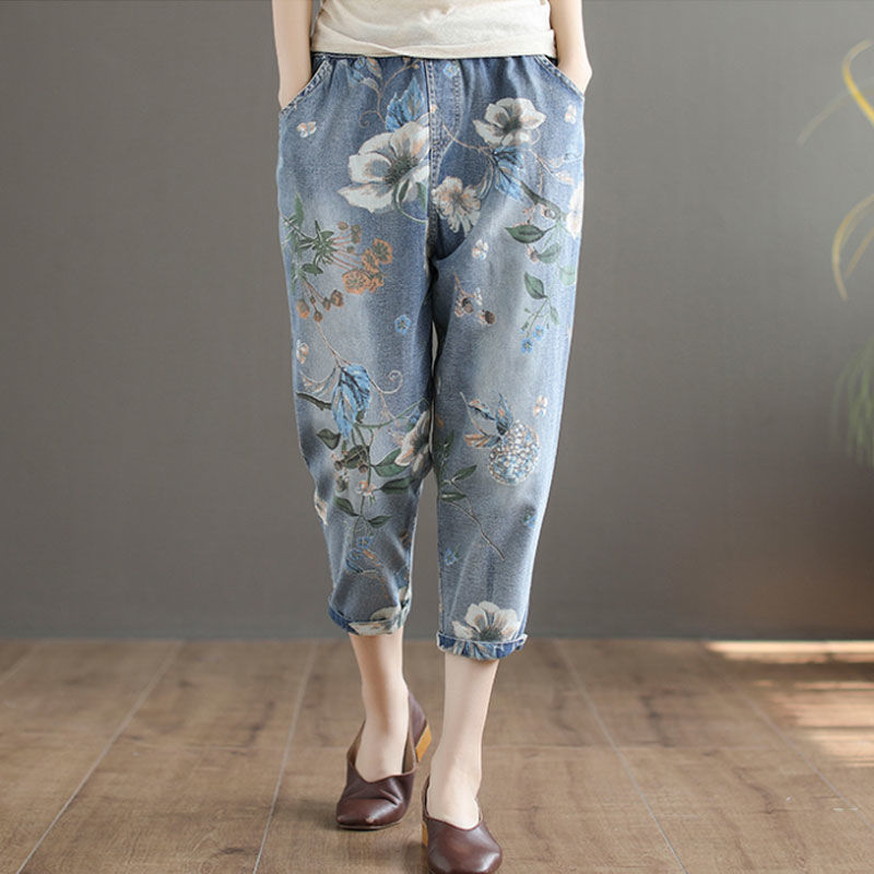 Women's Vintage Print Light Blue Cropped Jeans